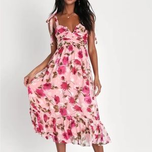 Lulus Lush Loveliness Pink Floral Jacquard Tie-strap Midi Dress - Size XS